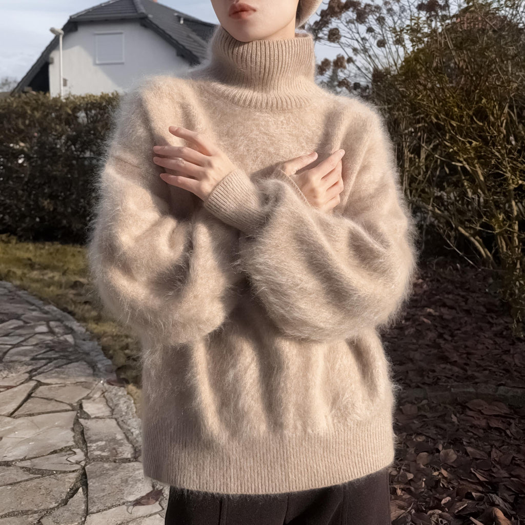 Funnel Neck 100% Brushed Cashmere Loose Fit Sweater in Undyed Light Taupe with Balloon Sleeve
