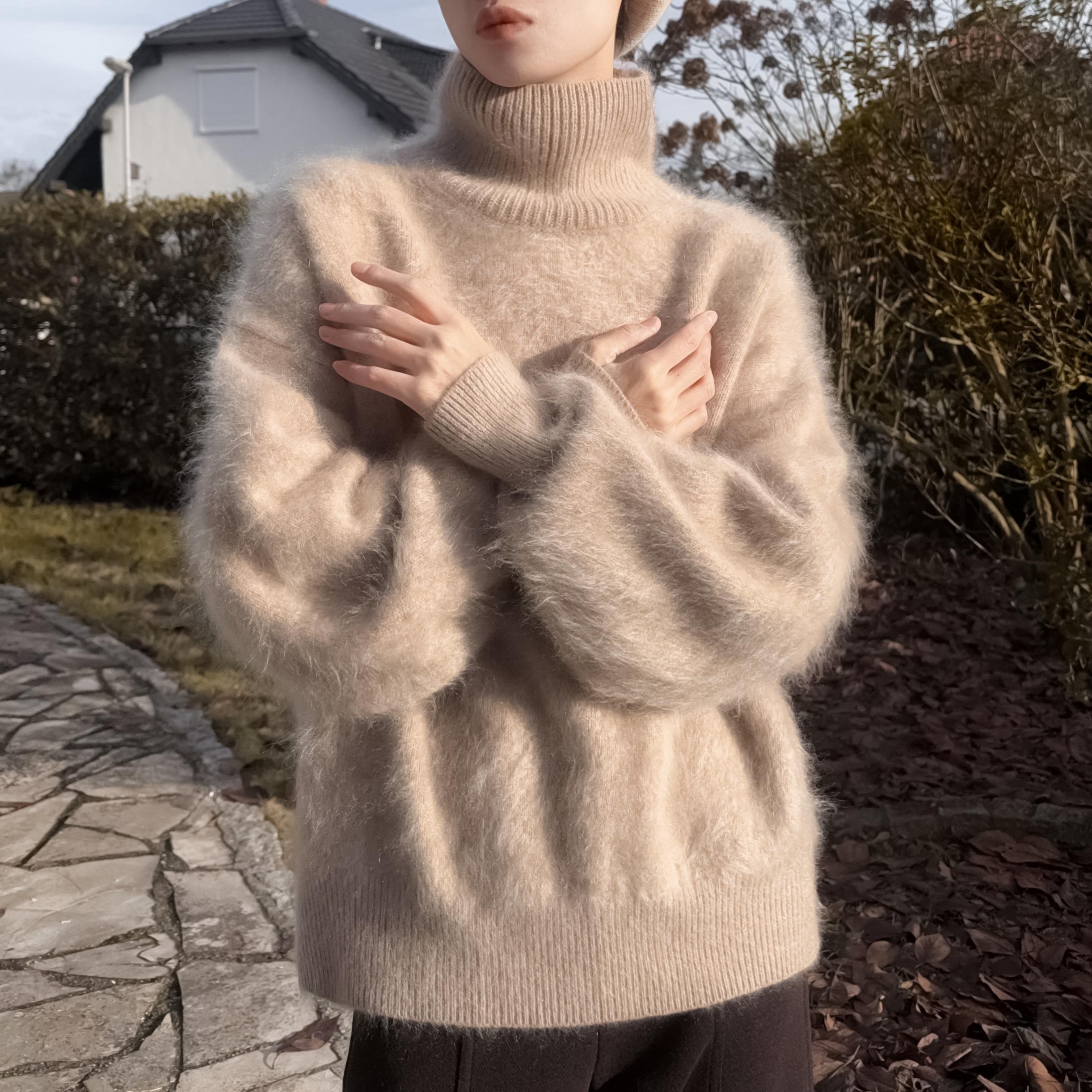 Funnel Neck 100% Brushed Cashmere Loose Fit Sweater in Undyed Light Taupe with Balloon Sleeve