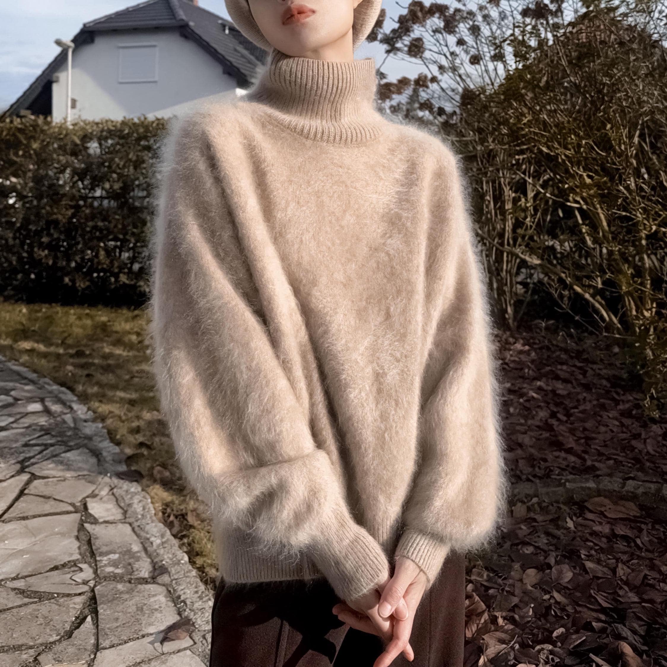 Funnel Neck 100% Brushed Cashmere Loose Fit Sweater in Undyed Light Taupe with Balloon Sleeve
