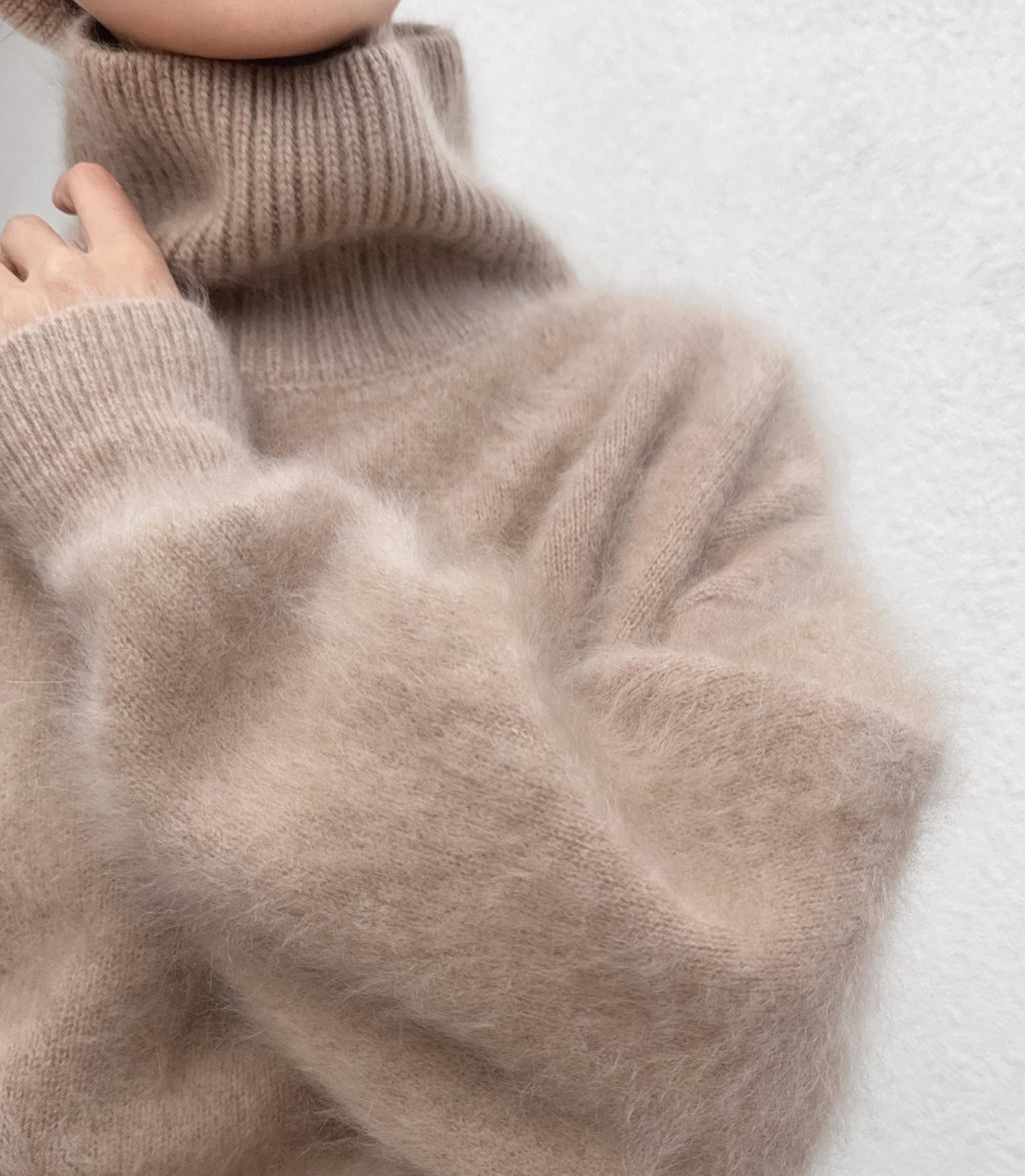 Funnel Neck 100% Brushed Cashmere Loose Fit Sweater in Undyed Light Taupe with Balloon Sleeve