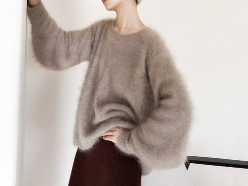 3Ply Bishop Sleeve 100% Brushed Baby Cashmere Loose Fit Crew Neck Sweater in Undyed Taupe Beige