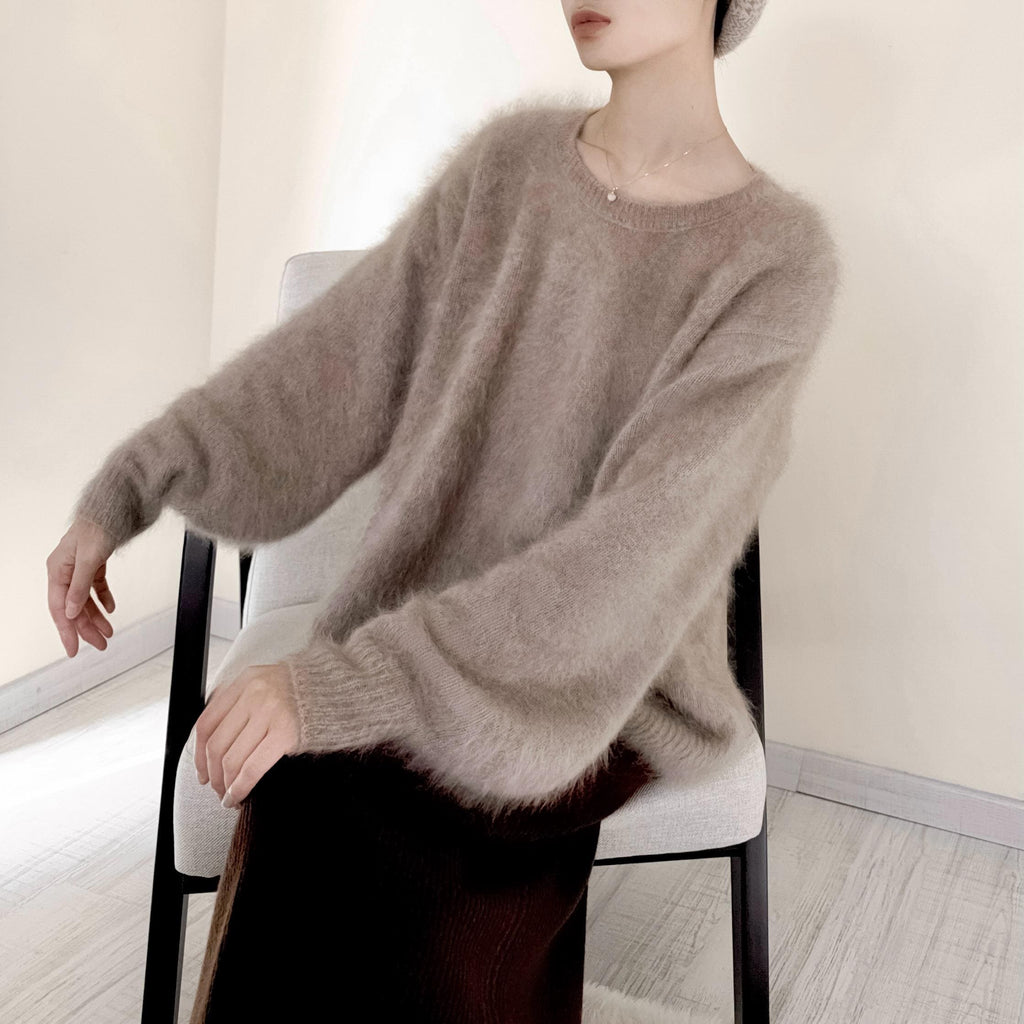 3Ply Bishop Sleeve 100% Brushed Baby Cashmere Loose Fit Crew Neck Sweater in Undyed Taupe Beige