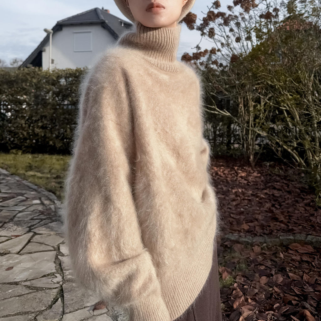 Funnel Neck 100% Brushed Cashmere Loose Fit Sweater in Undyed Light Taupe with Balloon Sleeve