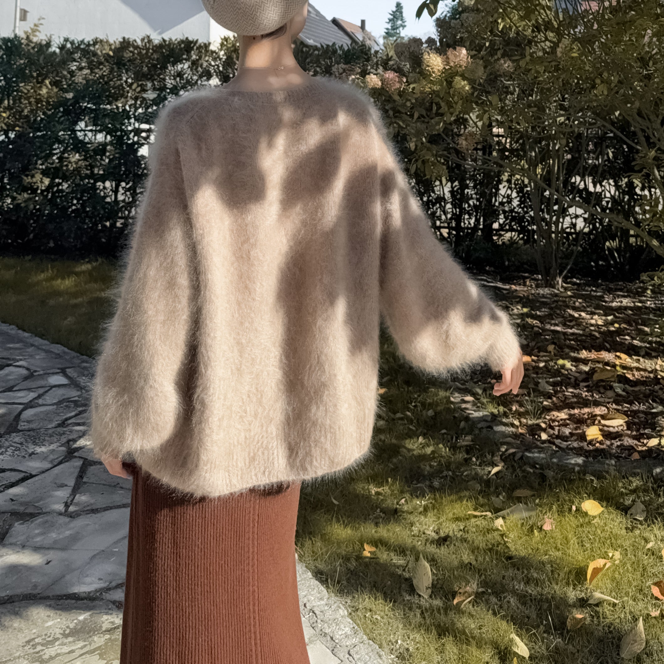 3Ply Bishop Sleeve 100% Brushed Baby Cashmere Loose Fit Crew Neck Sweater in Undyed Taupe Beige