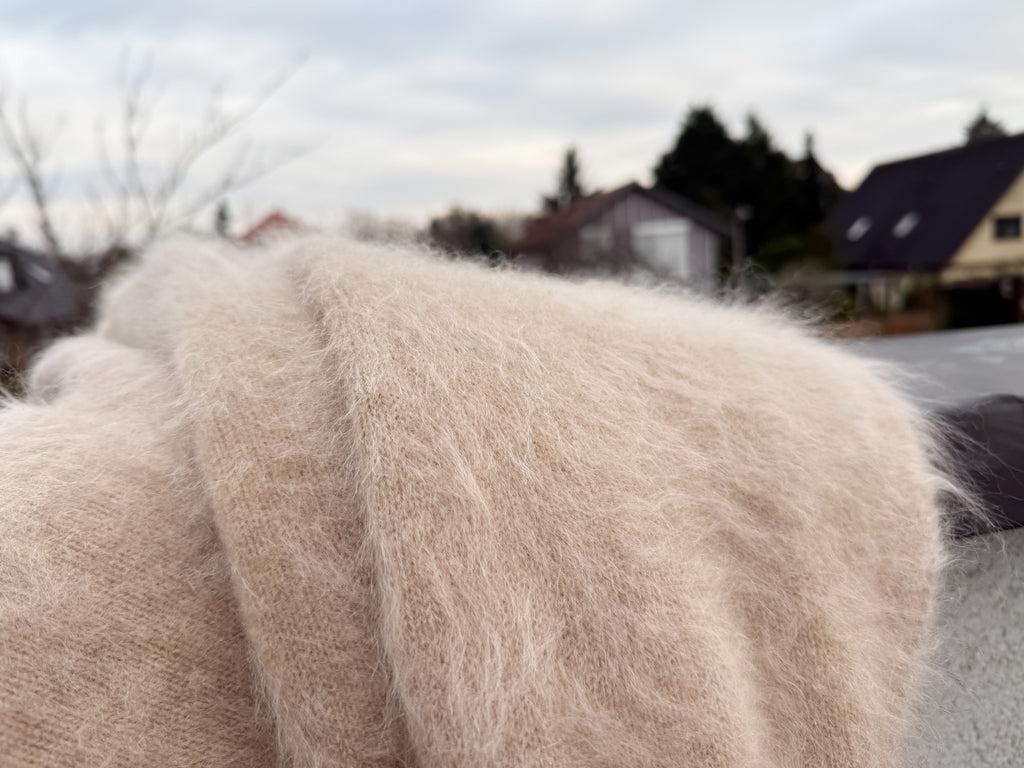 Funnel Neck 100% Brushed Cashmere Loose Fit Sweater in Undyed Light Taupe with Balloon Sleeve
