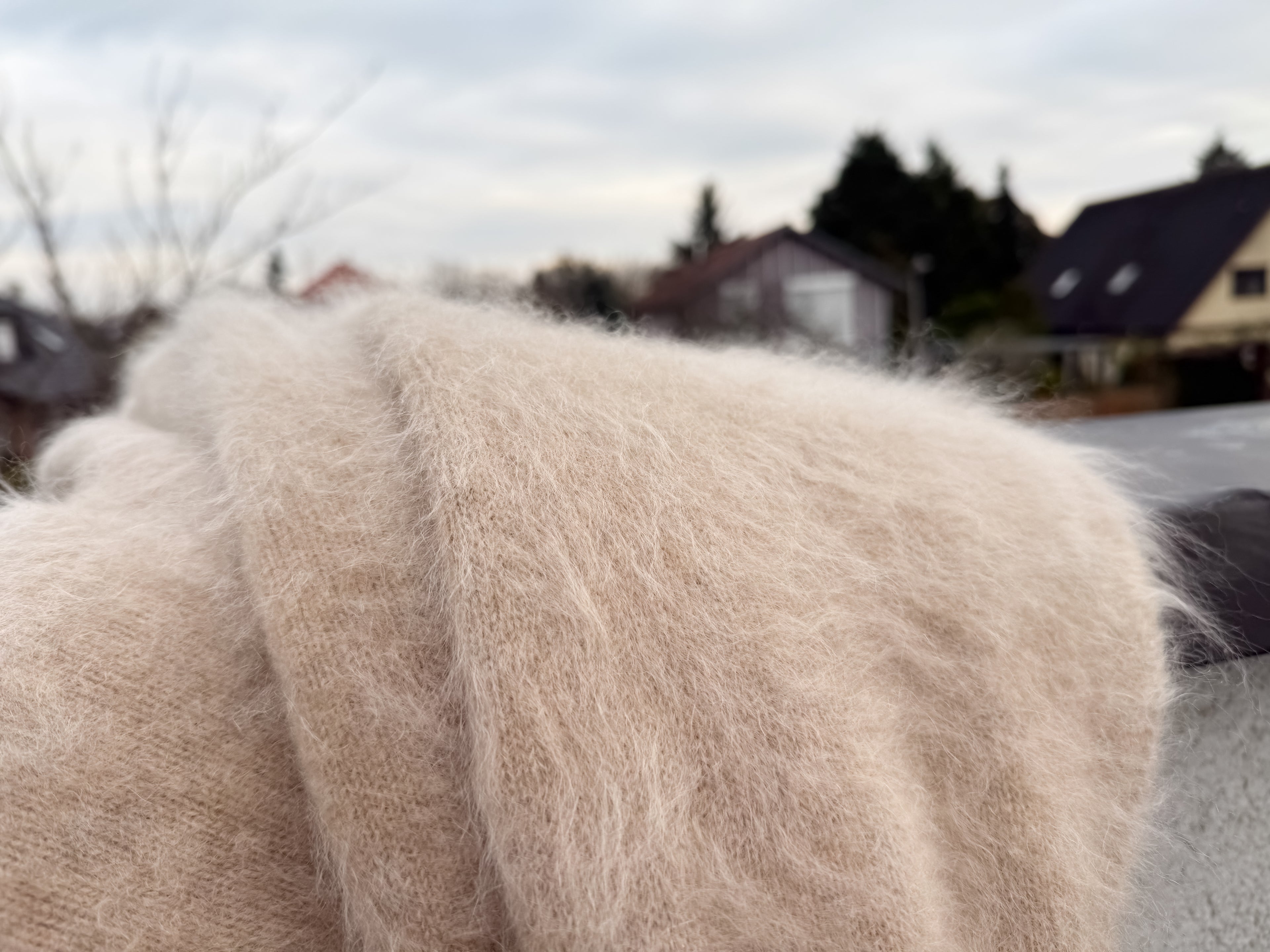 Funnel Neck 100% Brushed Cashmere Loose Fit Sweater in Undyed Light Taupe with Balloon Sleeve