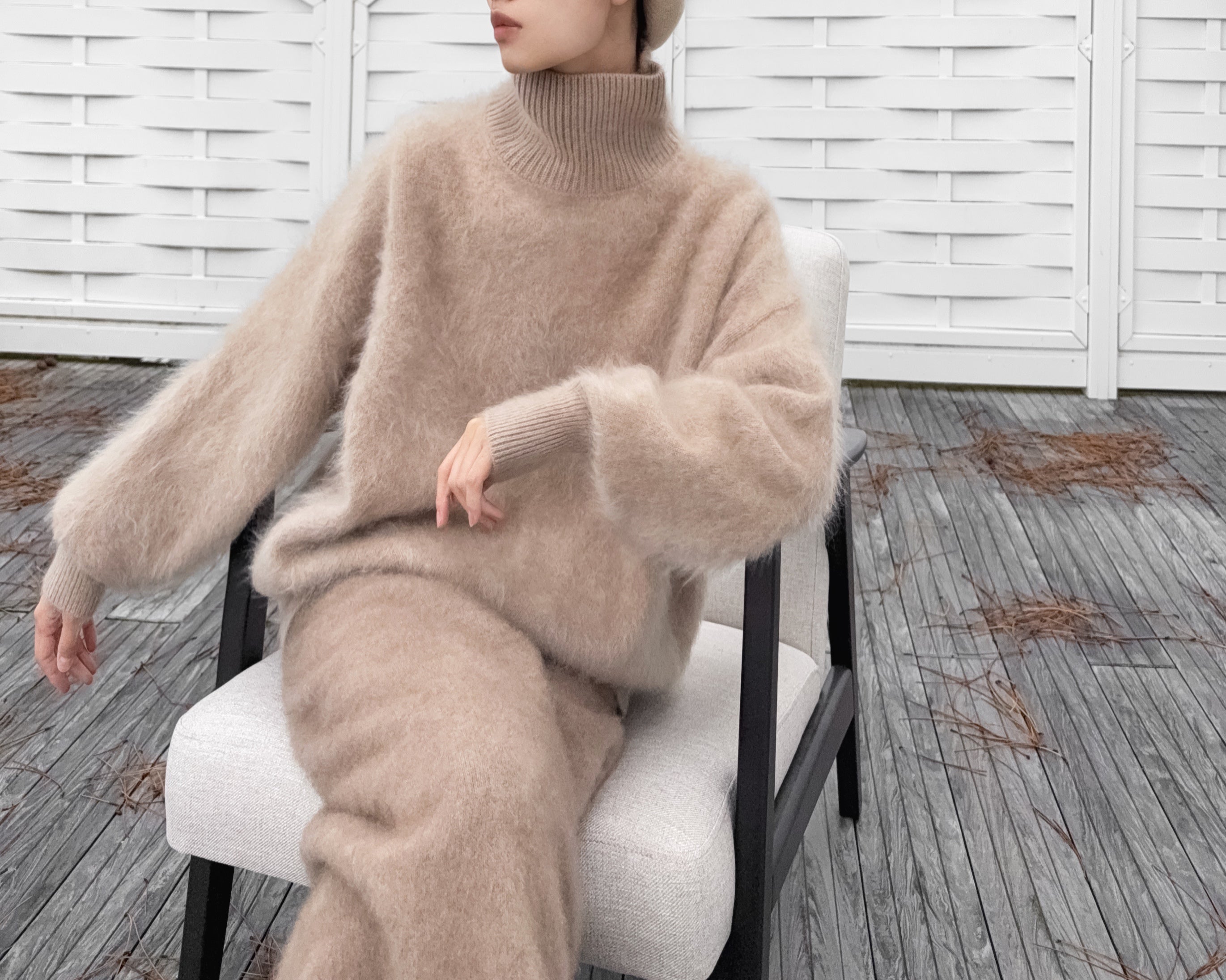 Funnel Neck 100% Brushed Cashmere Loose Fit Sweater in Undyed Light Taupe with Balloon Sleeve