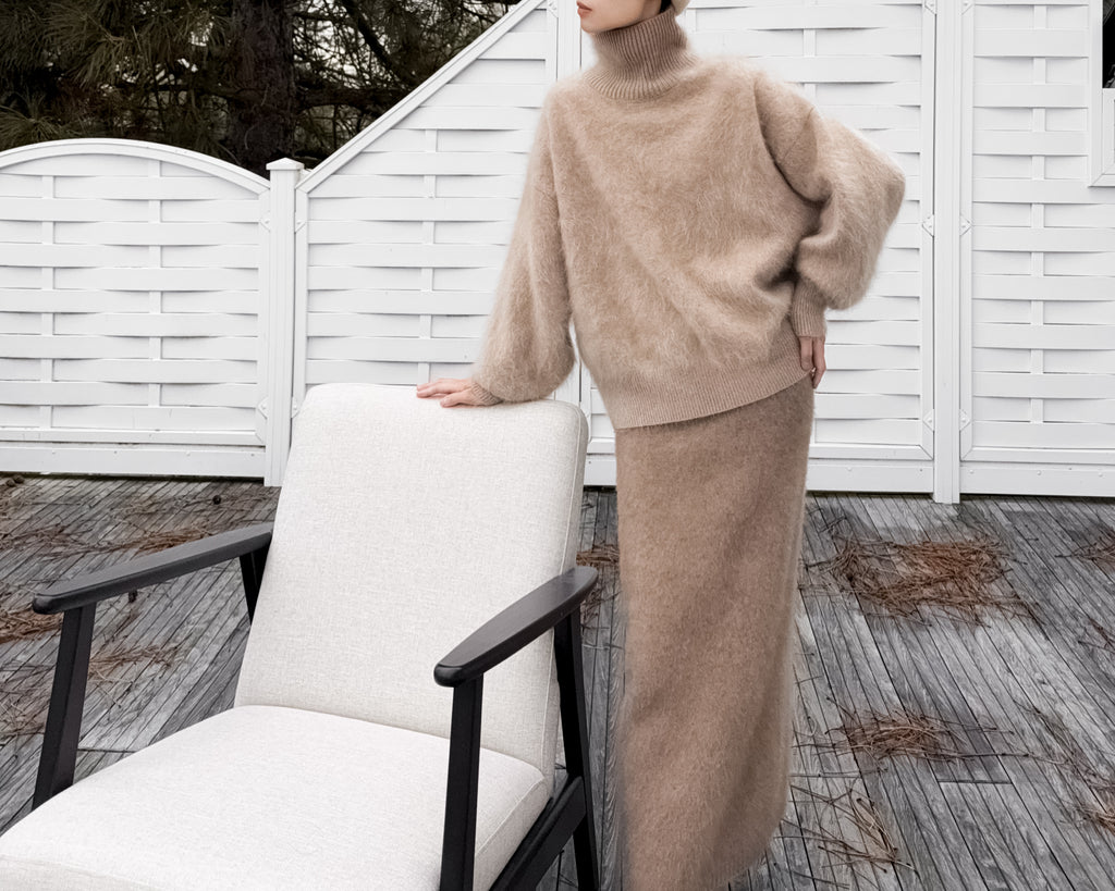 Funnel Neck 100% Brushed Cashmere Loose Fit Sweater in Undyed Light Taupe with Balloon Sleeve