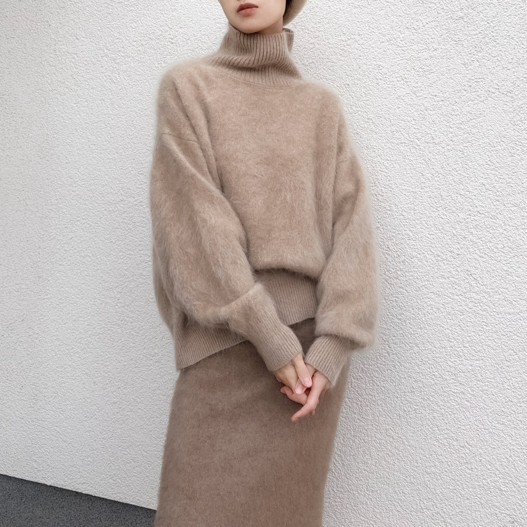 Funnel Neck 100% Brushed Cashmere Loose Fit Sweater in Undyed Light Taupe with Balloon Sleeve