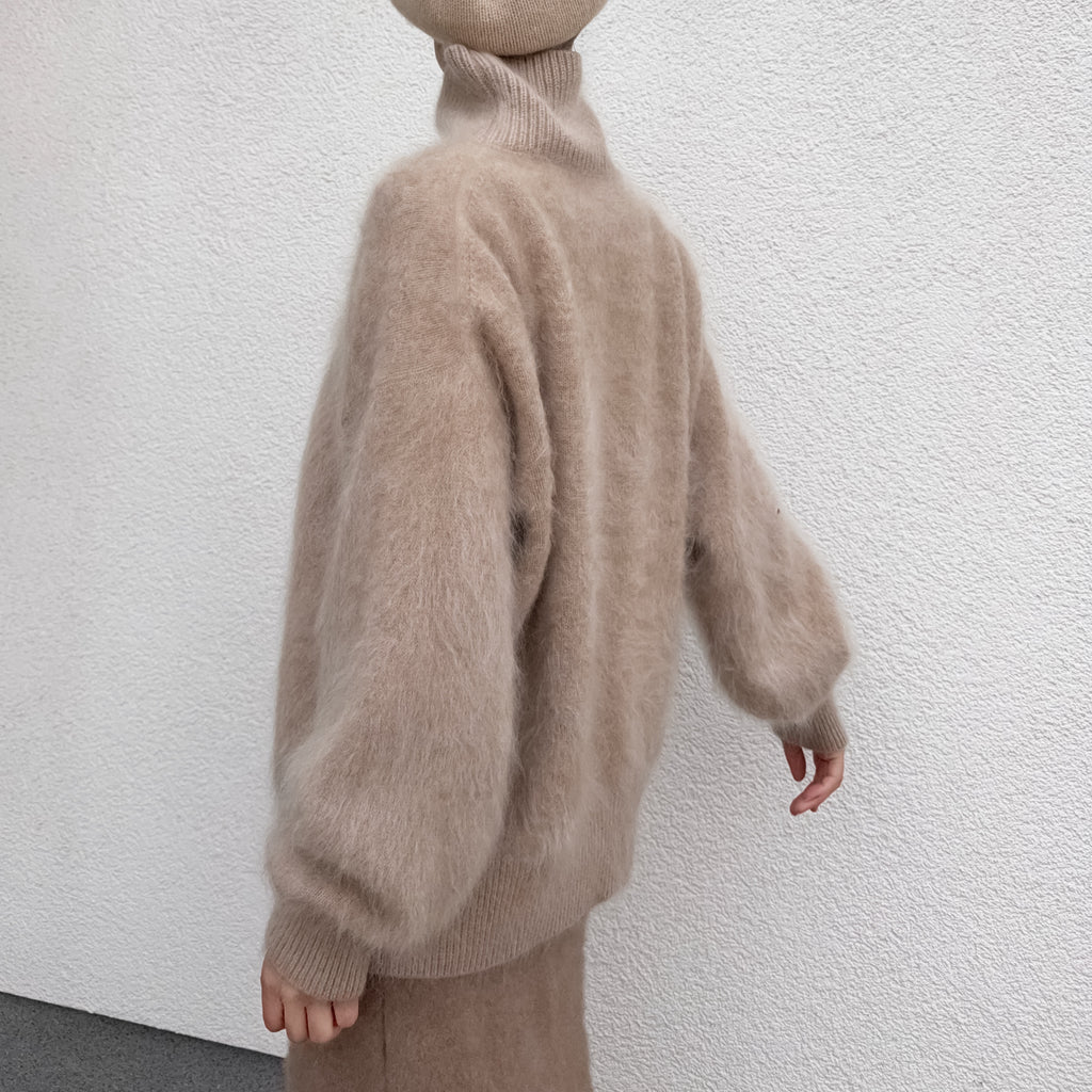 Funnel Neck 100% Brushed Cashmere Loose Fit Sweater in Undyed Light Taupe with Balloon Sleeve