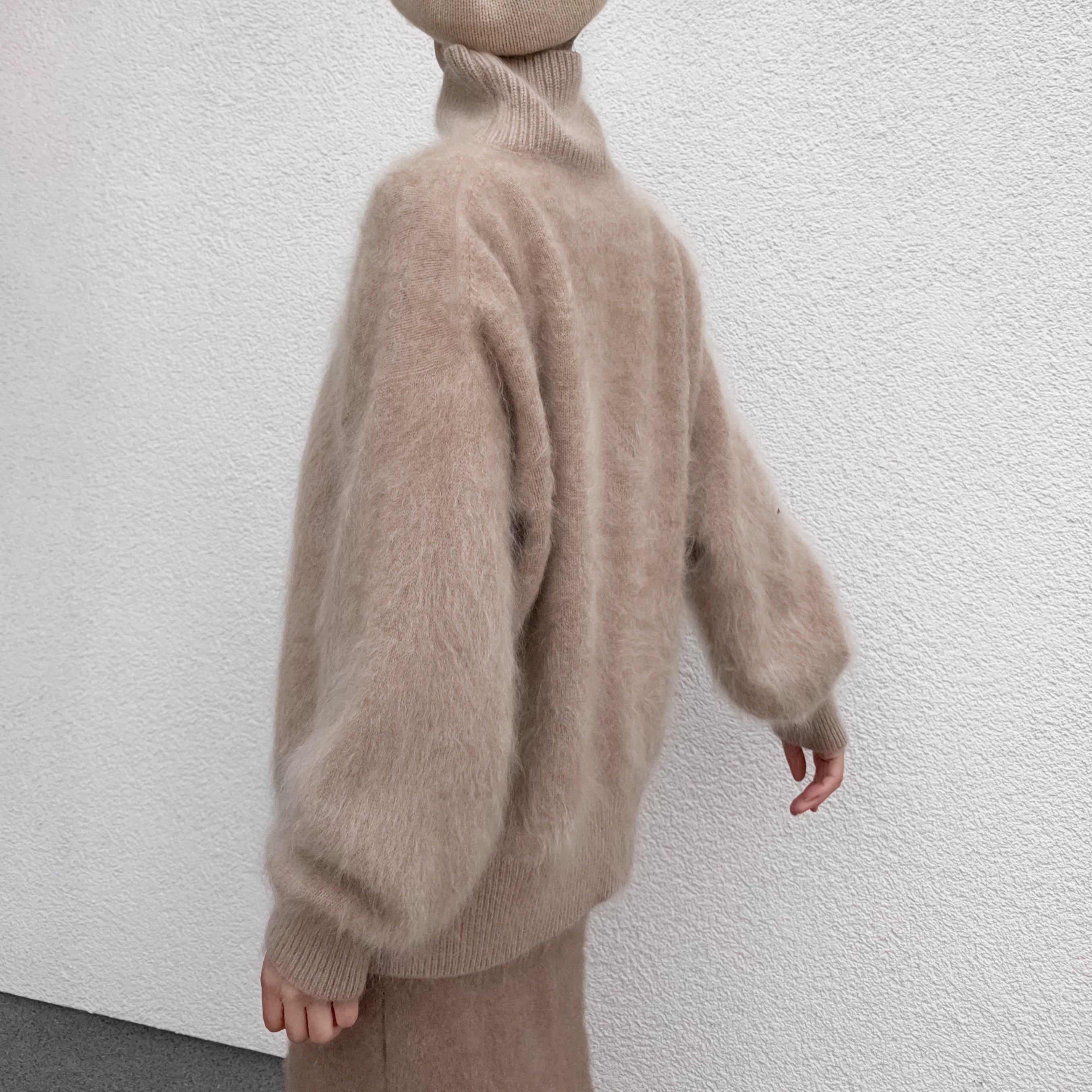 Funnel Neck 100% Brushed Cashmere Loose Fit Sweater in Undyed Light Taupe with Balloon Sleeve