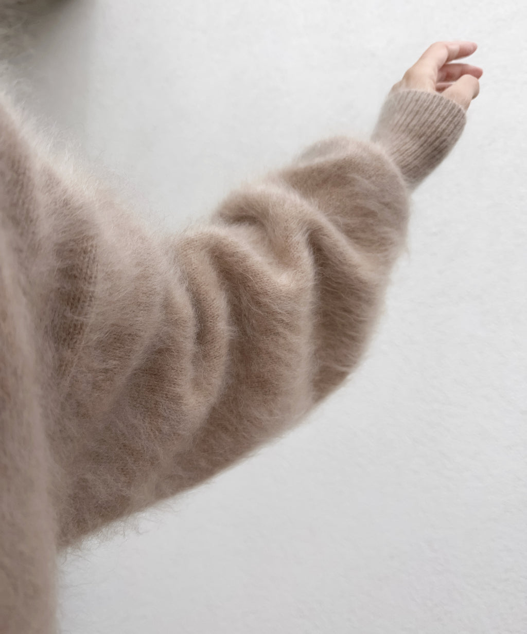 Funnel Neck 100% Brushed Cashmere Loose Fit Sweater in Undyed Light Taupe with Balloon Sleeve