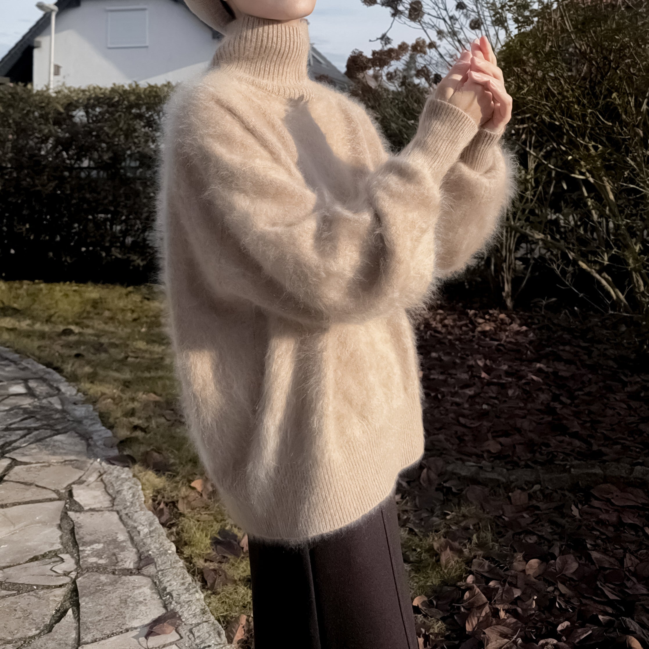 Funnel Neck 100% Brushed Cashmere Loose Fit Sweater in Undyed Light Taupe with Balloon Sleeve