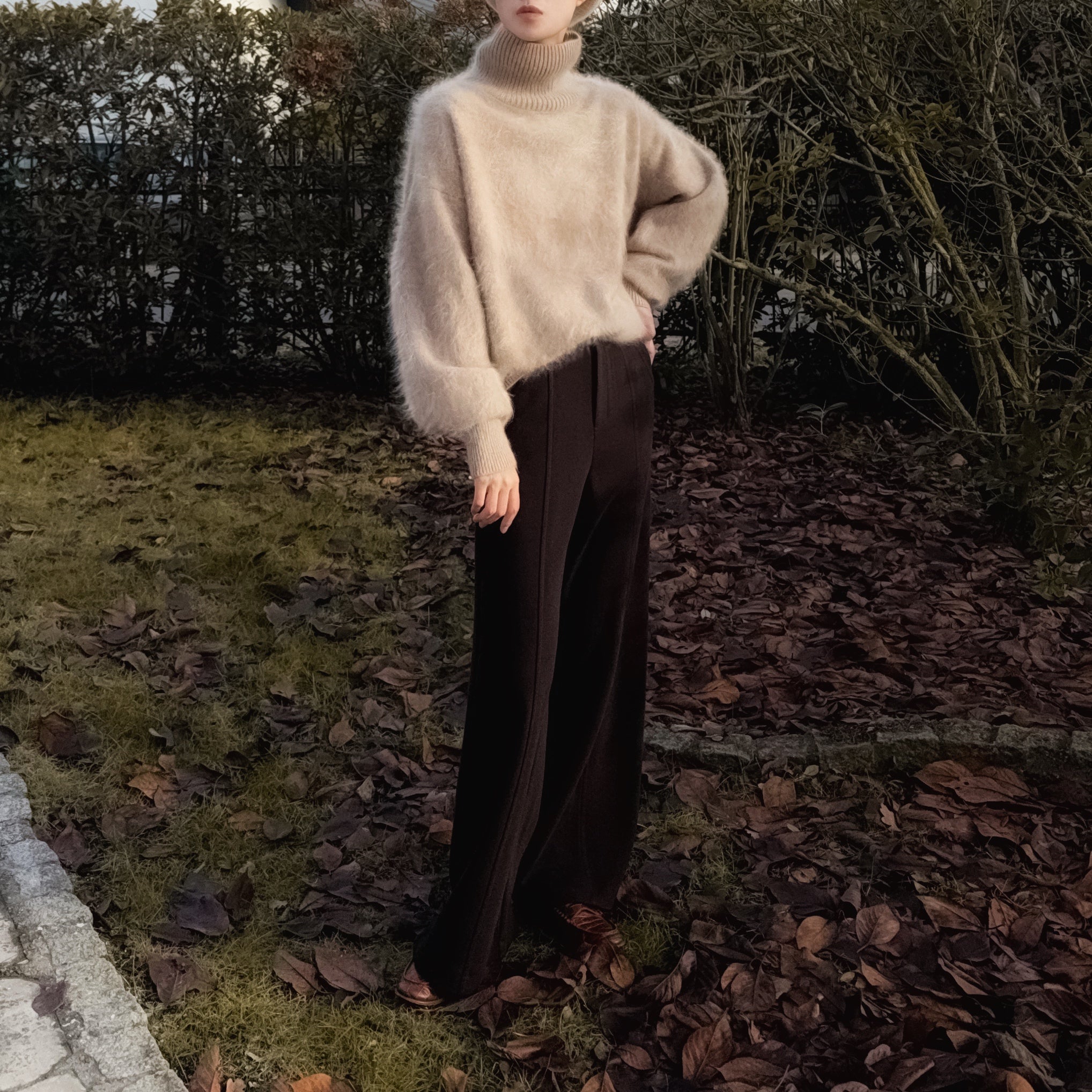 Funnel Neck 100% Brushed Cashmere Loose Fit Sweater in Undyed Light Taupe with Balloon Sleeve