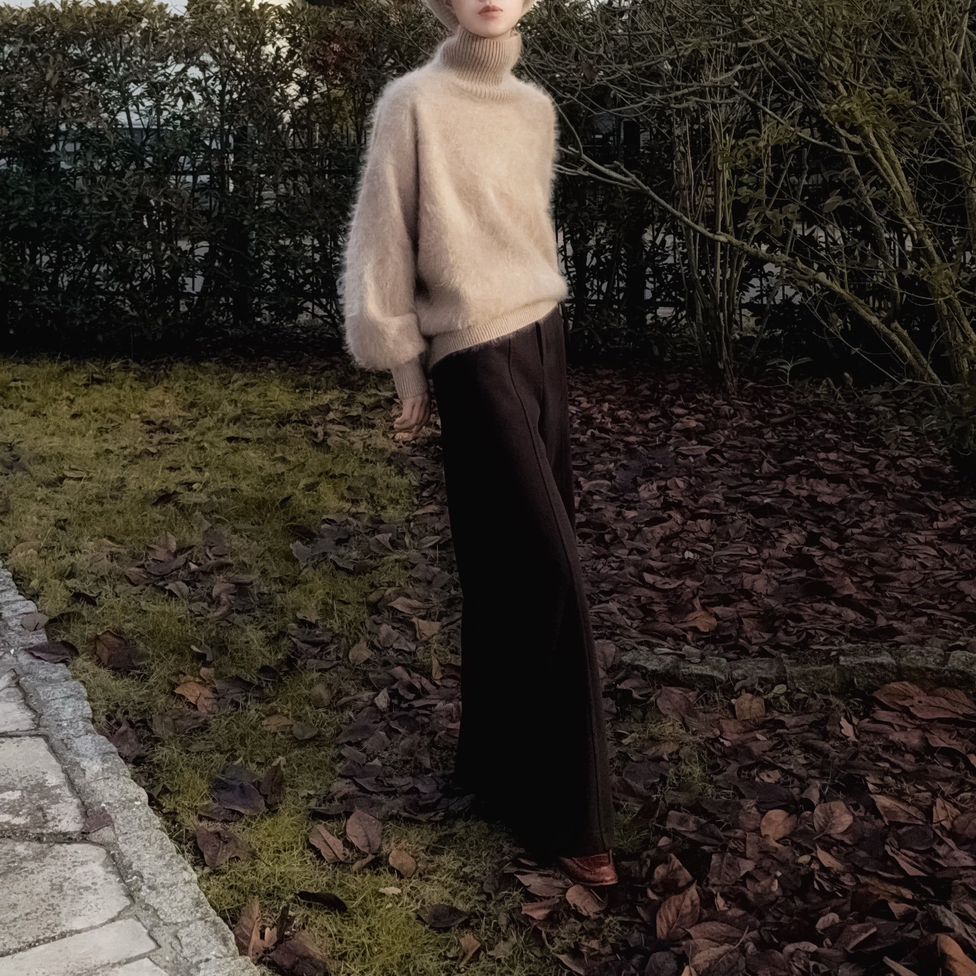 Funnel Neck 100% Brushed Cashmere Loose Fit Sweater in Undyed Light Taupe with Balloon Sleeve