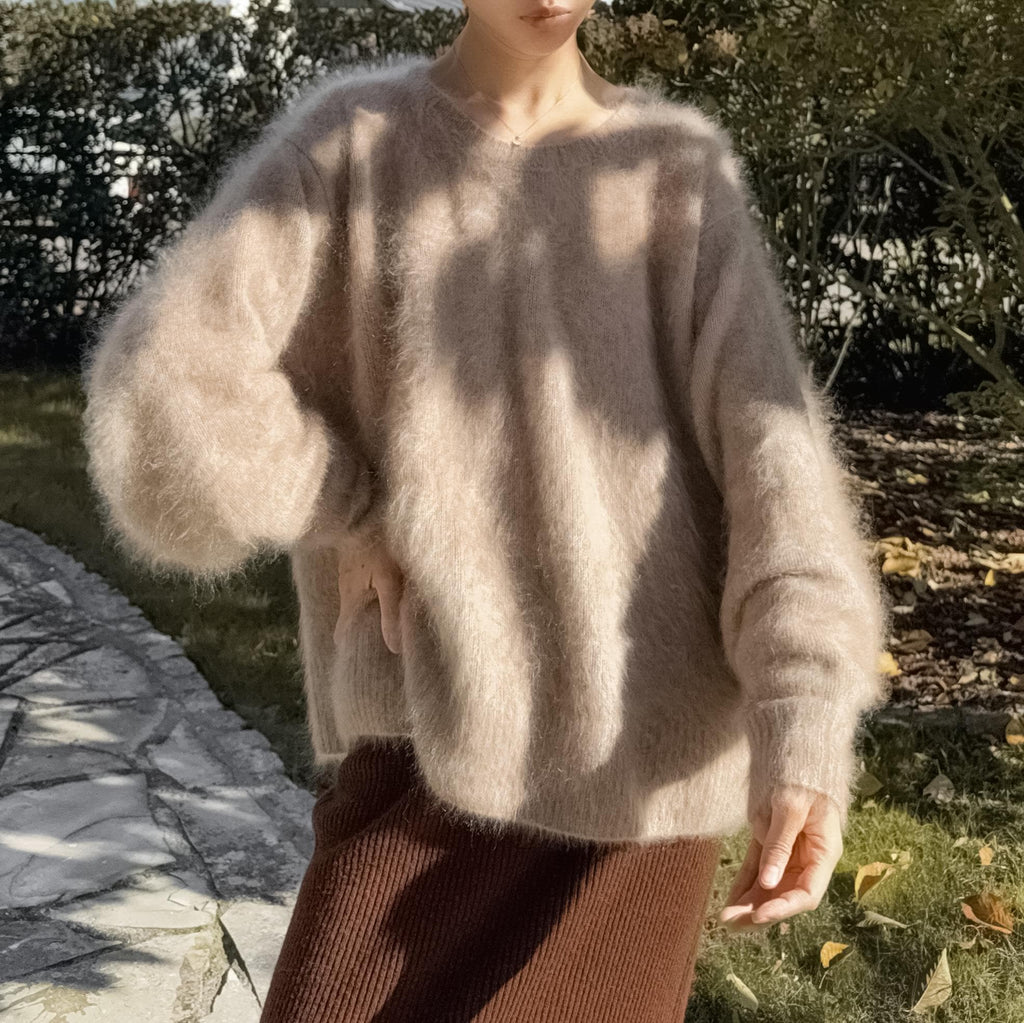 3Ply Bishop Sleeve 100% Brushed Baby Cashmere Loose Fit Crew Neck Sweater in Undyed Taupe Beige