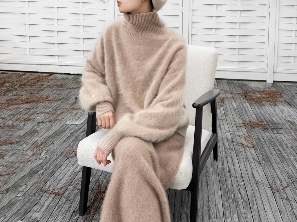 Funnel Neck 100% Brushed Cashmere Loose Fit Sweater in Undyed Light Taupe with Balloon Sleeve