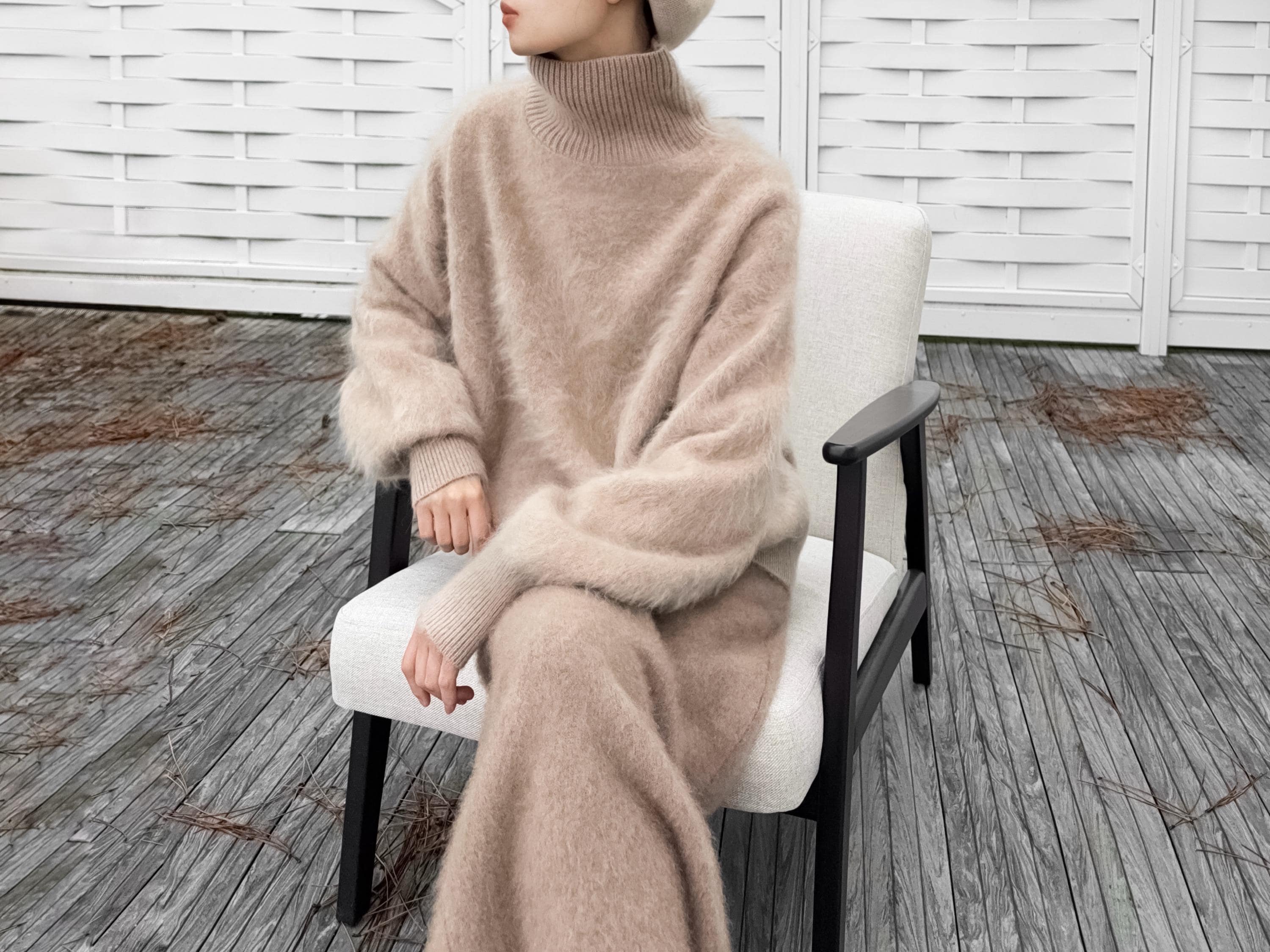 Funnel Neck 100% Brushed Cashmere Loose Fit Sweater in Undyed Light Taupe with Balloon Sleeve