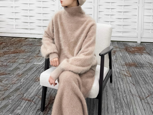 Funnel Neck 100% Brushed Cashmere Loose Fit Sweater in Undyed Light Taupe with Balloon Sleeve