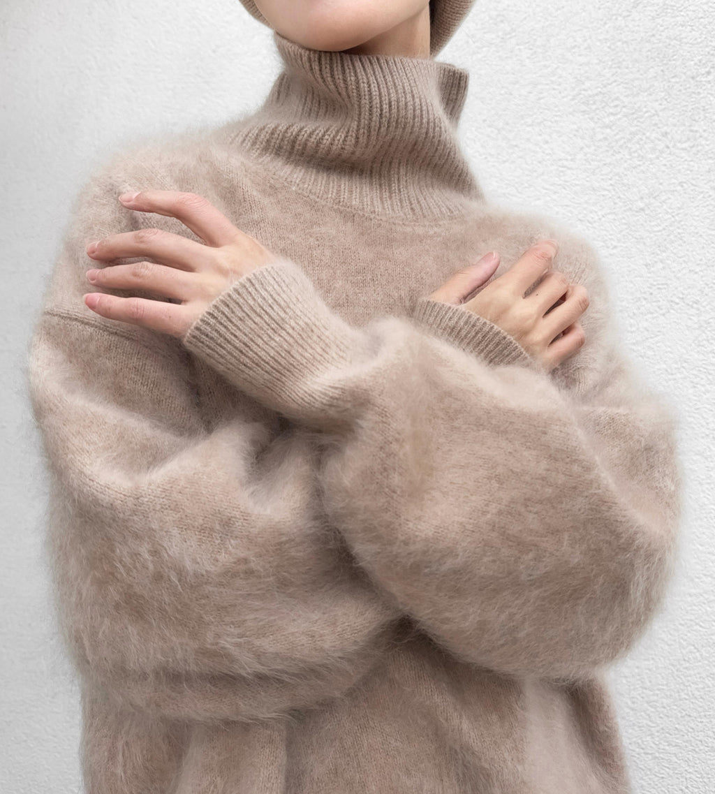 Funnel Neck 100% Brushed Cashmere Loose Fit Sweater in Undyed Light Taupe with Balloon Sleeve