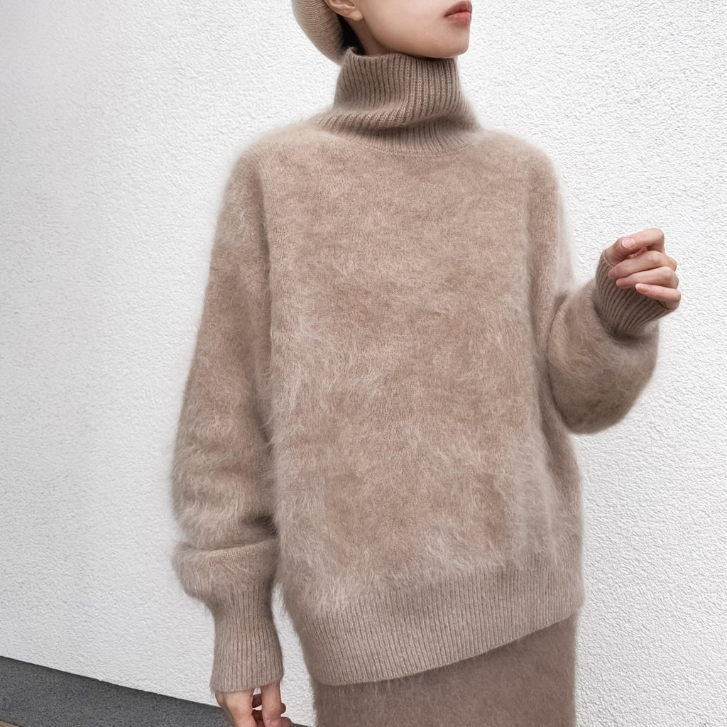 Funnel Neck 100% Brushed Cashmere Loose Fit Sweater in Undyed Light Taupe with Balloon Sleeve