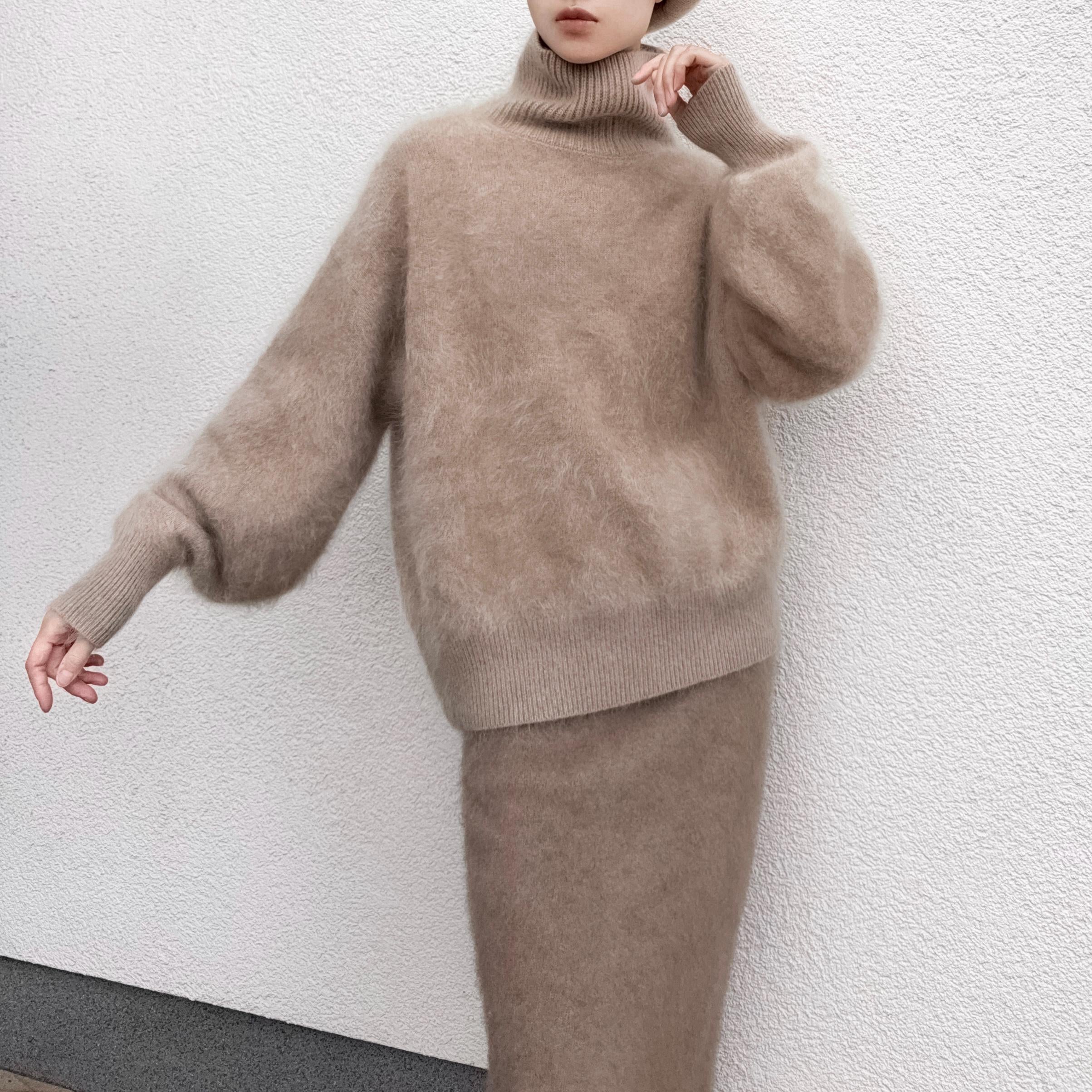Funnel Neck 100% Brushed Cashmere Loose Fit Sweater in Undyed Light Taupe with Balloon Sleeve