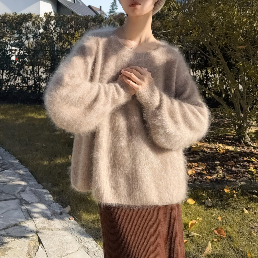 3Ply Bishop Sleeve 100% Brushed Baby Cashmere Loose Fit Crew Neck Sweater in Undyed Taupe Beige