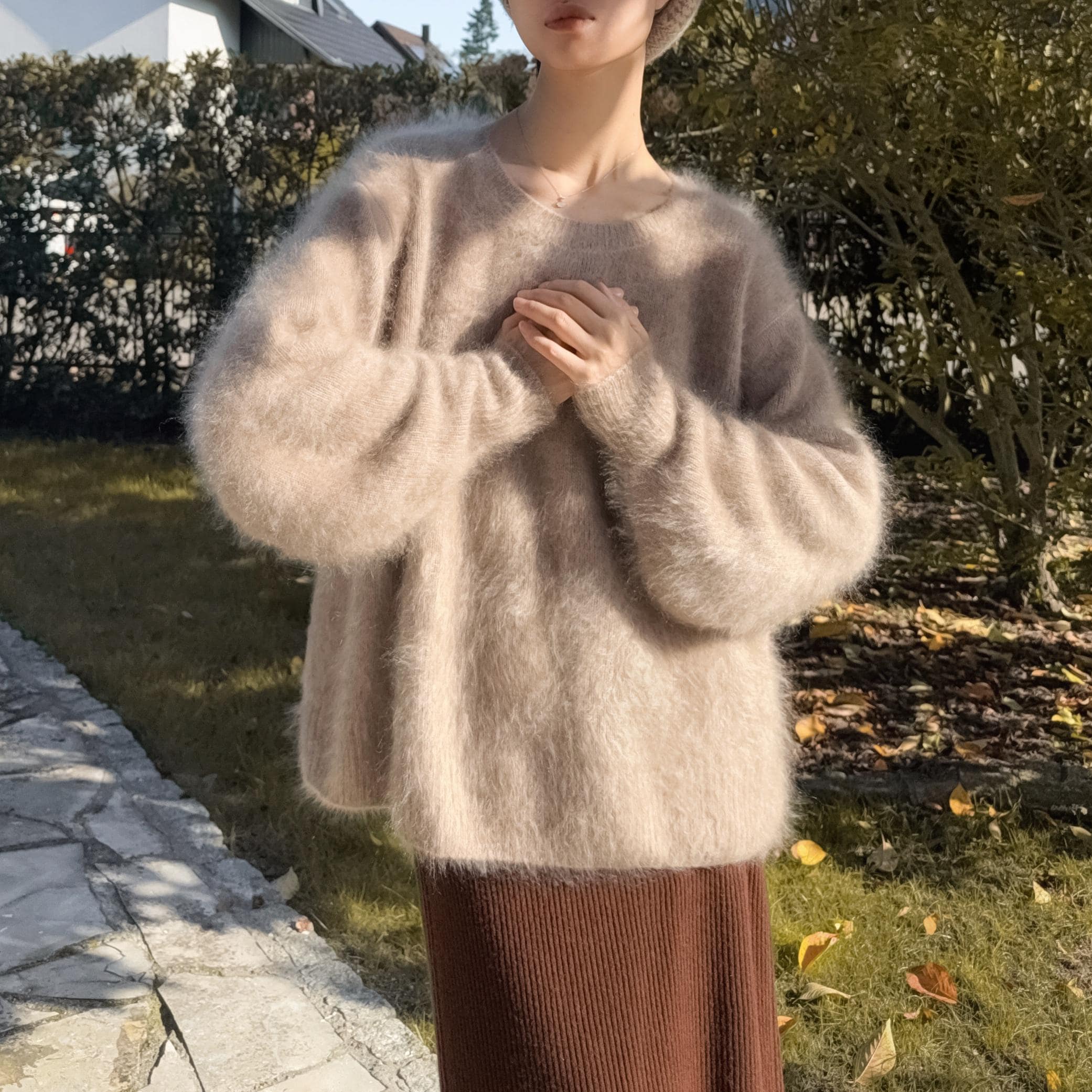 3Ply Bishop Sleeve 100% Brushed Baby Cashmere Loose Fit Crew Neck Sweater in Undyed Taupe Beige