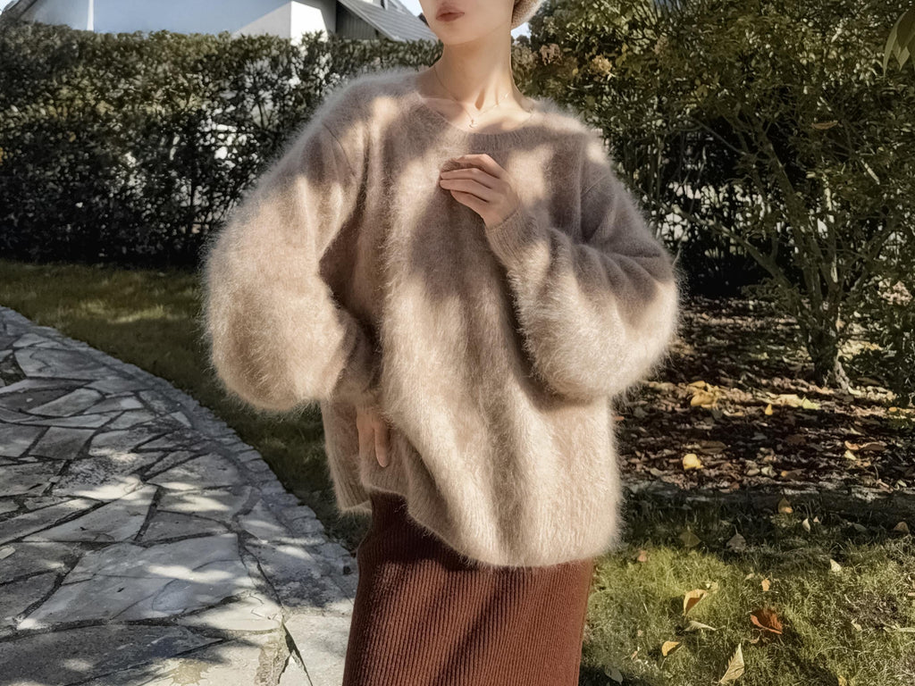 3Ply Bishop Sleeve 100% Brushed Baby Cashmere Loose Fit Crew Neck Sweater in Undyed Taupe Beige