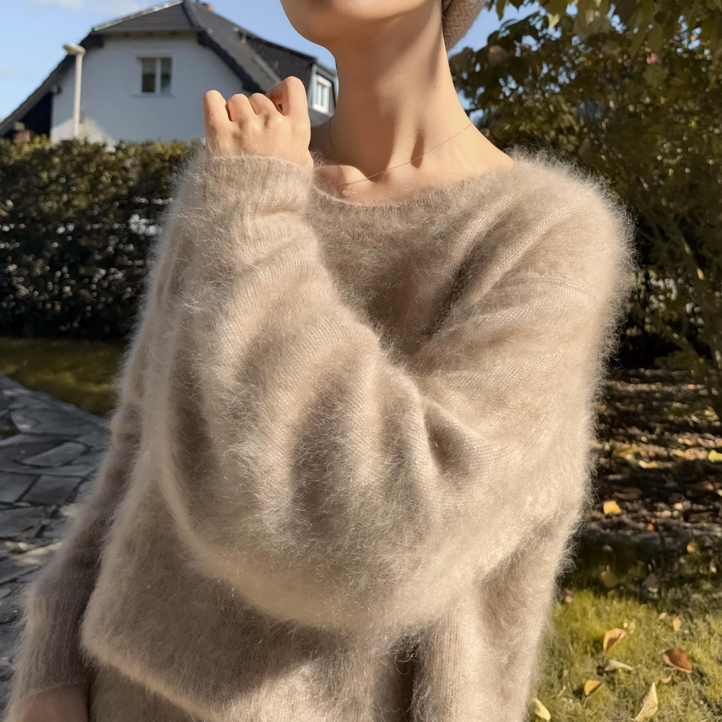 3Ply Bishop Sleeve 100% Brushed Baby Cashmere Loose Fit Crew Neck Sweater in Undyed Taupe Beige