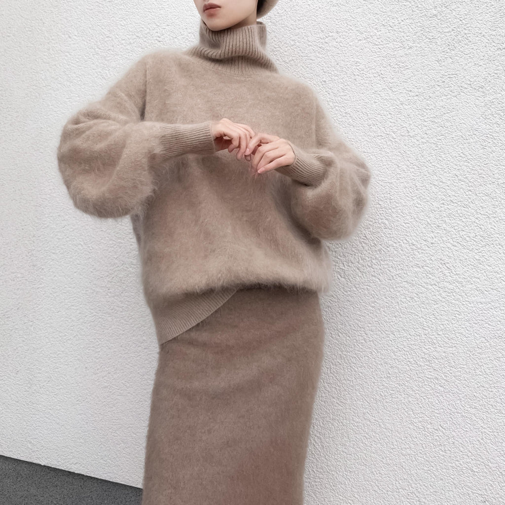 Funnel Neck 100% Brushed Cashmere Loose Fit Sweater in Undyed Light Taupe with Balloon Sleeve