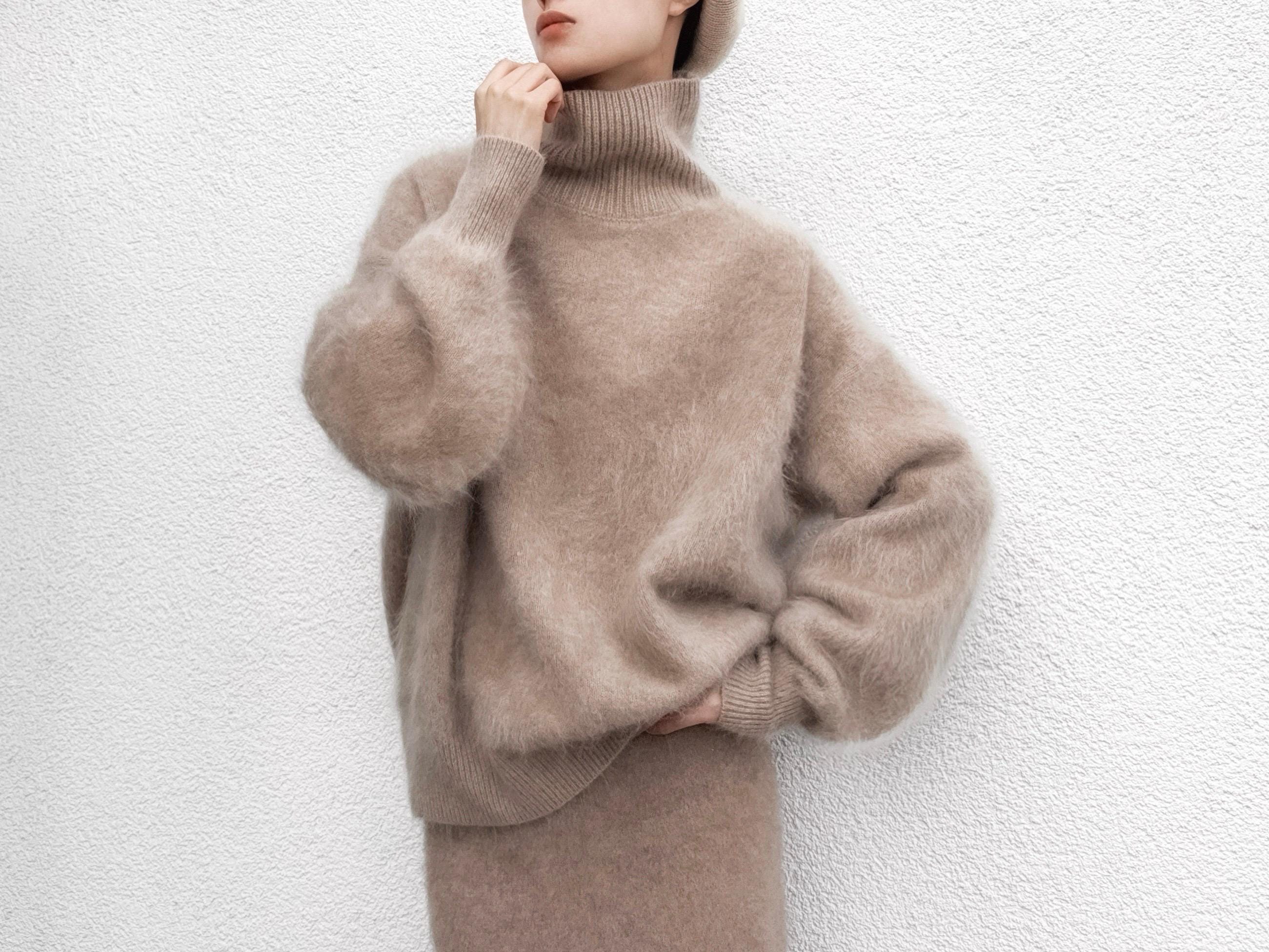 Funnel Neck 100% Brushed Cashmere Loose Fit Sweater in Undyed Light Taupe with Balloon Sleeve
