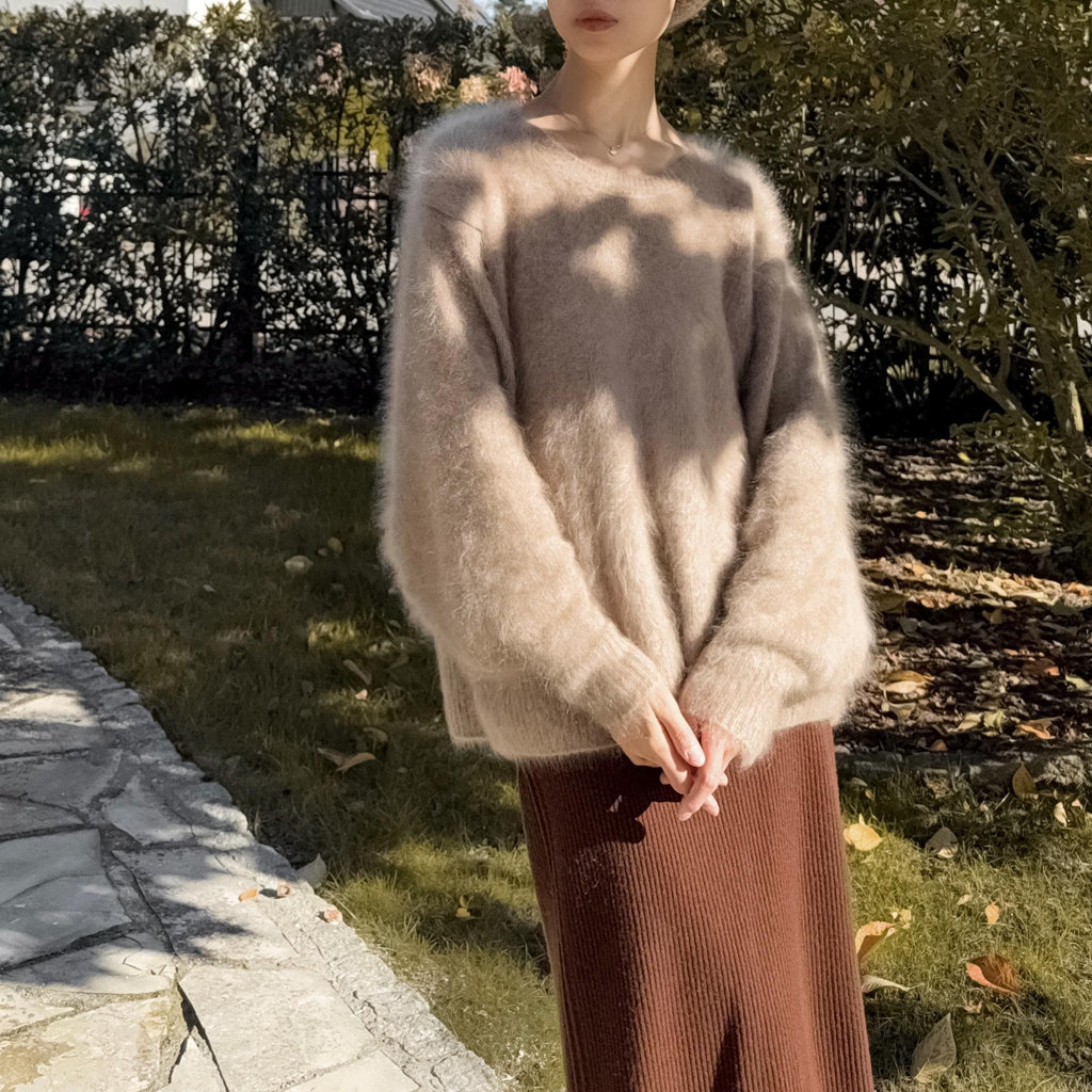 3Ply Bishop Sleeve 100% Brushed Baby Cashmere Loose Fit Crew Neck Sweater in Undyed Taupe Beige