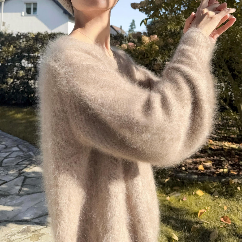 3Ply Bishop Sleeve 100% Brushed Baby Cashmere Loose Fit Crew Neck Sweater in Undyed Taupe Beige