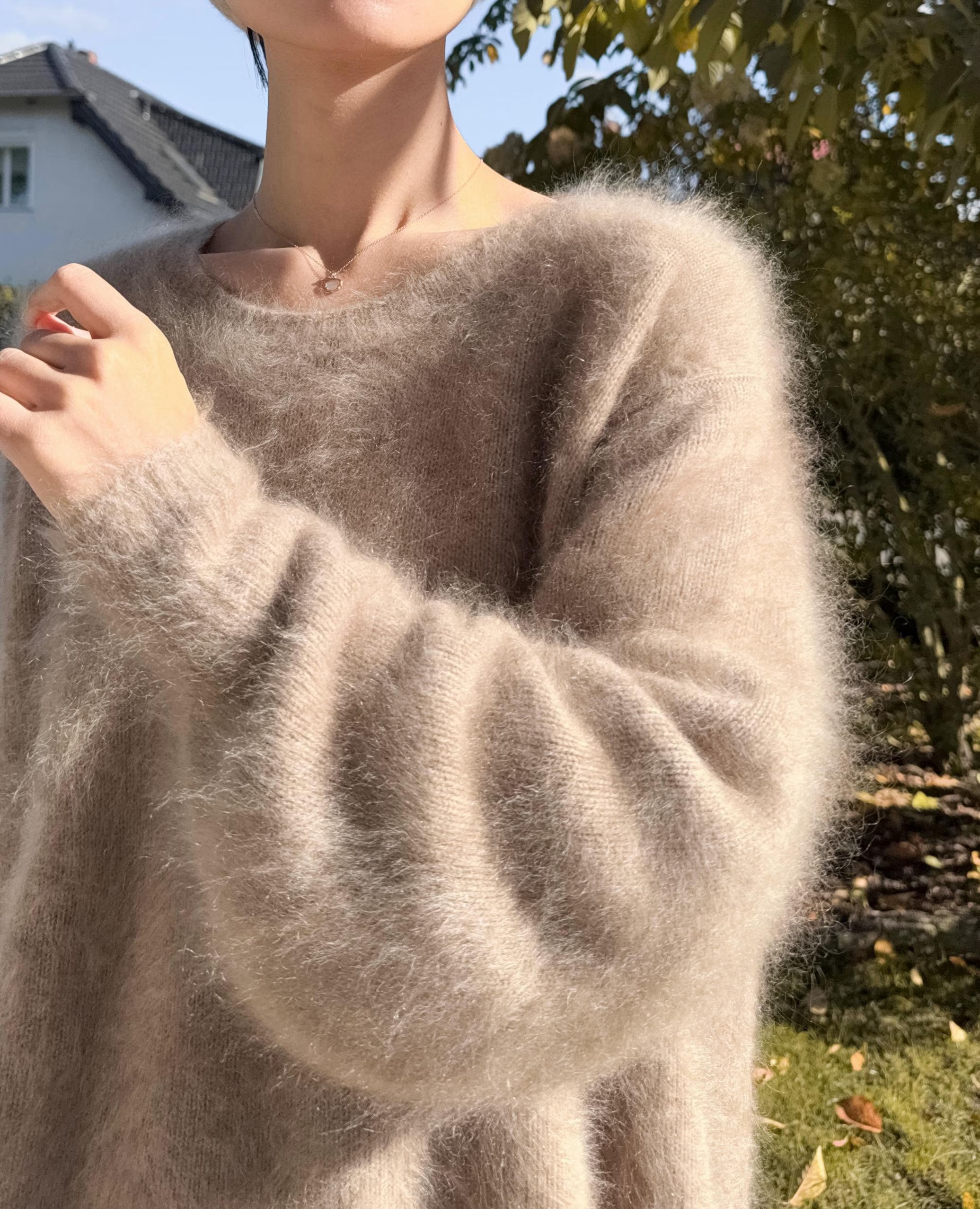 3Ply Bishop Sleeve 100% Brushed Baby Cashmere Loose Fit Crew Neck Sweater in Undyed Taupe Beige